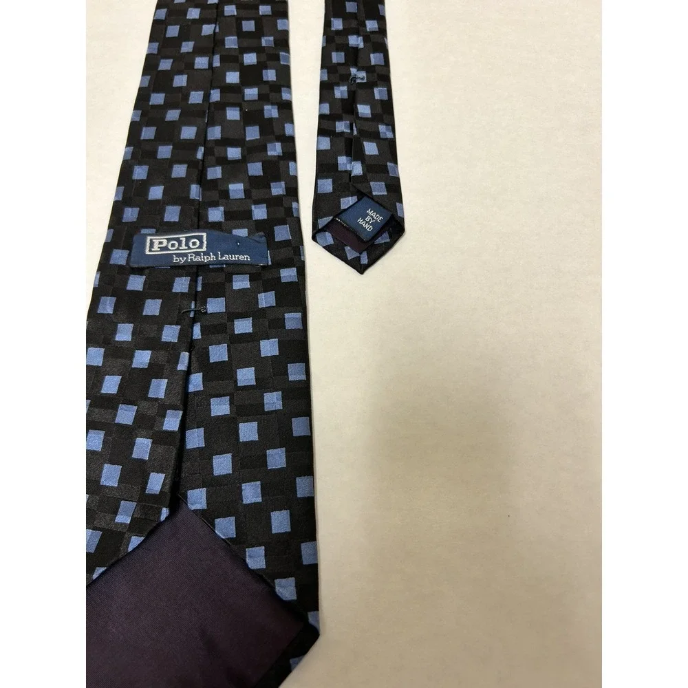 Polo Ralph Lauren Mens Hand Made in USA Squares Print‎ Silk Tie Black Blue